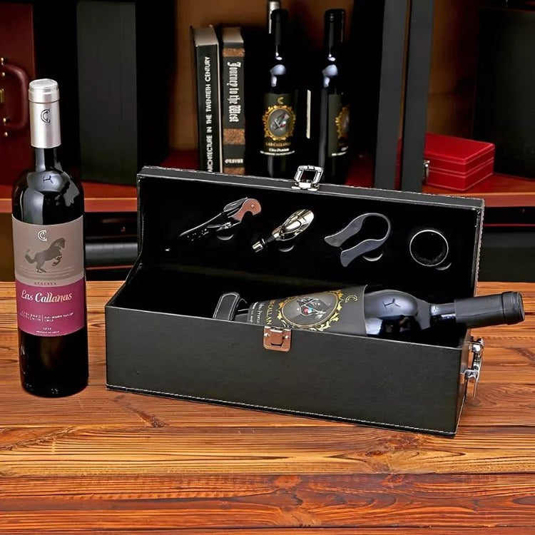Cutie Pentru Sticla Vin si Accesorii, Piele Ecologica Neagra