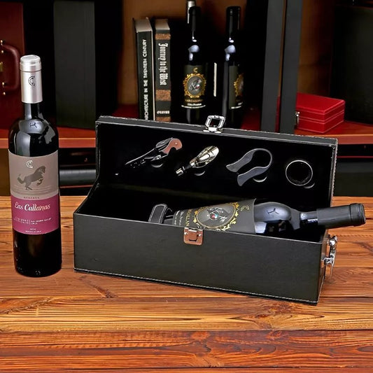 Cutie Pentru Sticla Vin si Accesorii, Piele Ecologica Neagra