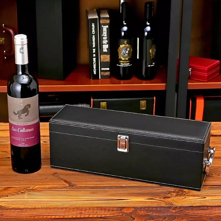 Cutie Pentru Sticla Vin si Accesorii, Piele Ecologica Neagra