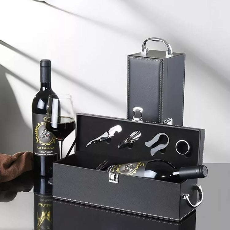 Cutie Pentru Sticla Vin si Accesorii, Piele Ecologica Neagra