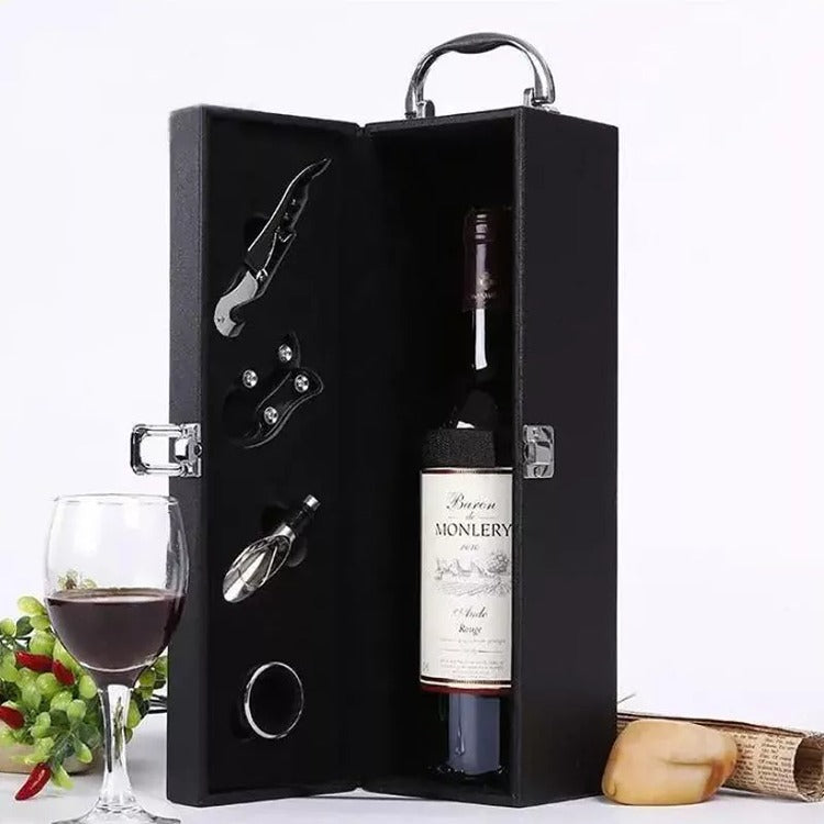Cutie Pentru Sticla Vin si Accesorii, Piele Ecologica Neagra