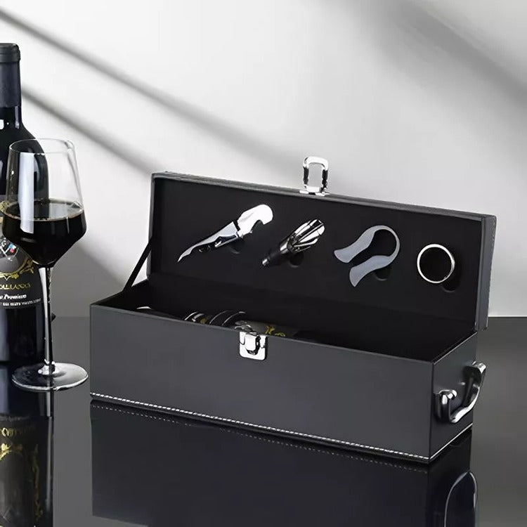 Cutie Pentru Sticla Vin si Accesorii, Piele Ecologica Neagra