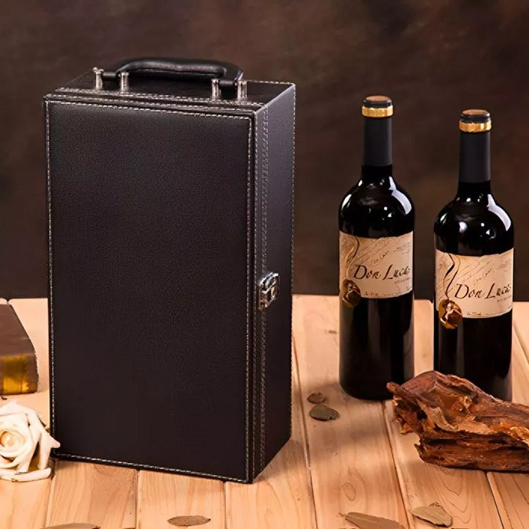 Cutie Dubla Pentru Sticla Vin si Accesorii, Piele Ecologica Neagra