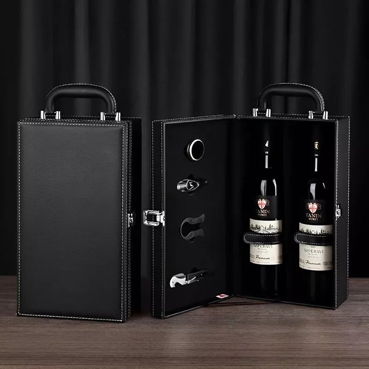 Cutie Dubla Pentru Sticla Vin si Accesorii, Piele Ecologica Neagra