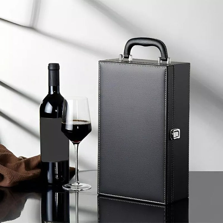 Cutie Dubla Pentru Sticla Vin si Accesorii, Piele Ecologica Neagra