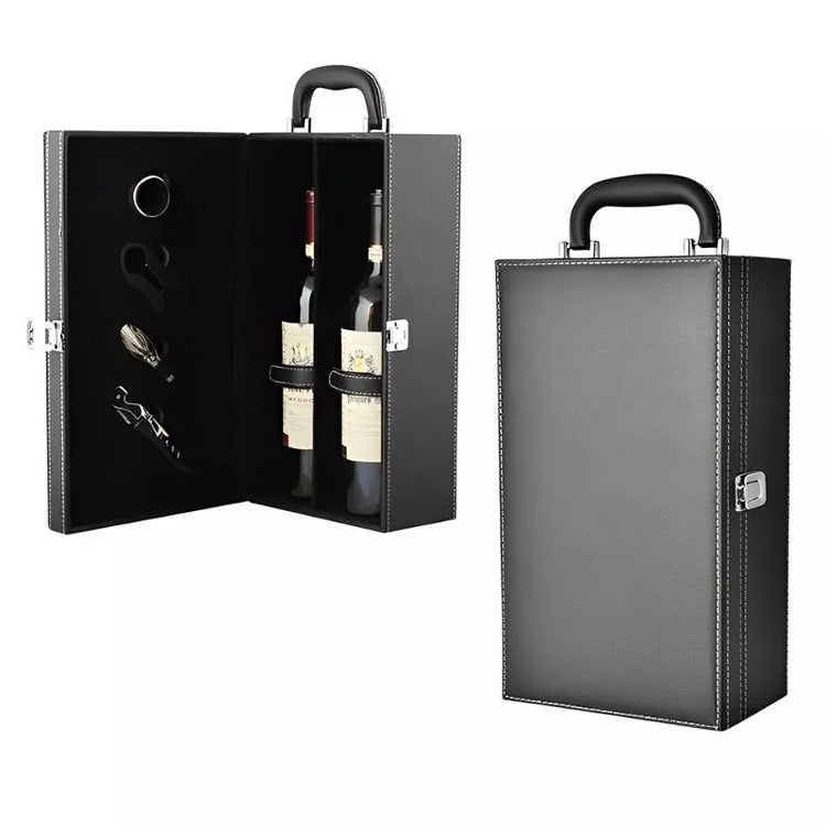 Cutie Dubla Pentru Sticla Vin si Accesorii, Piele Ecologica Neagra