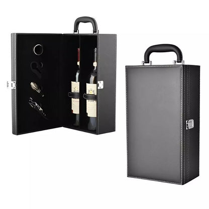 Cutie Dubla Pentru Sticla Vin si Accesorii, Piele Ecologica Neagra