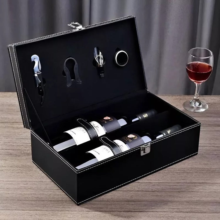 Cutie Dubla Pentru Sticla Vin si Accesorii, Piele Ecologica Neagra
