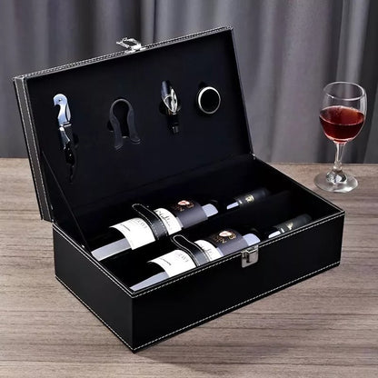 Cutie Dubla Pentru Sticla Vin si Accesorii, Piele Ecologica Neagra