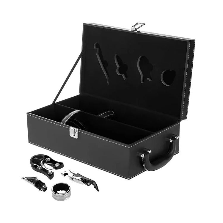 Cutie Dubla Pentru Sticla Vin si Accesorii, Piele Ecologica Neagra