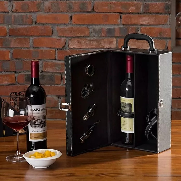 Cutie Dubla Pentru Sticla Vin si Accesorii, Piele Ecologica Neagra