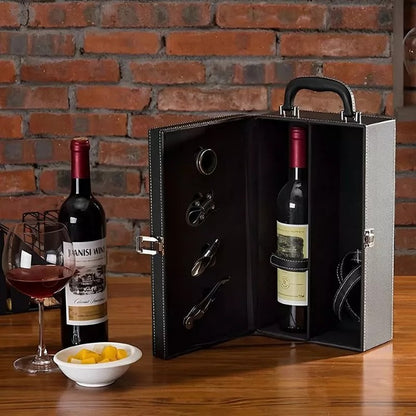 Cutie Dubla Pentru Sticla Vin si Accesorii, Piele Ecologica Neagra