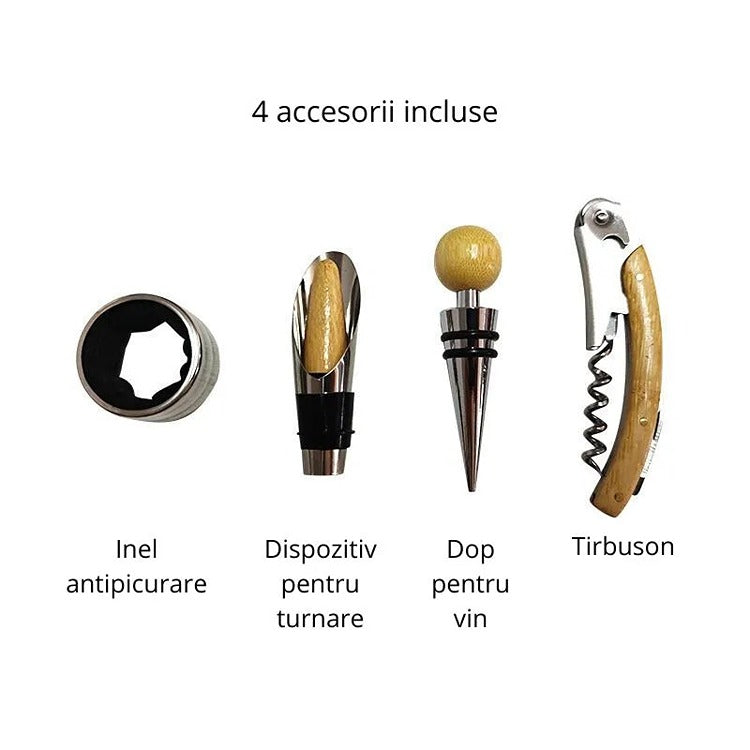 Cutie Sticla Vin din Lemn cu Accesorii