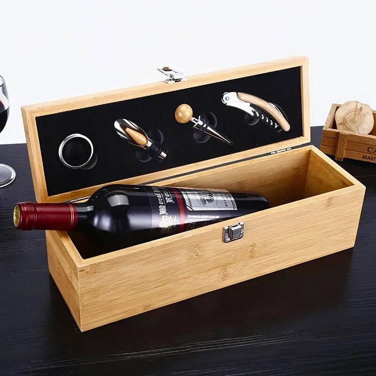 Cutie Sticla Vin din Lemn cu Accesorii