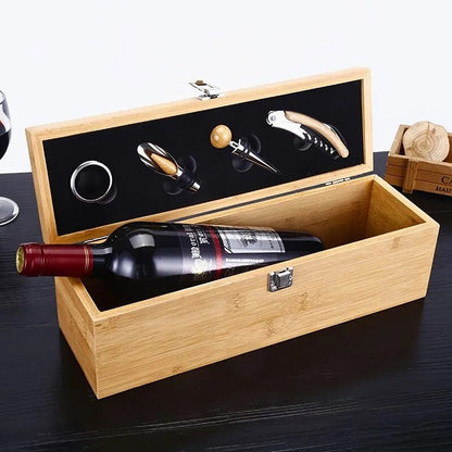 Cutie Sticla Vin din Lemn cu Accesorii